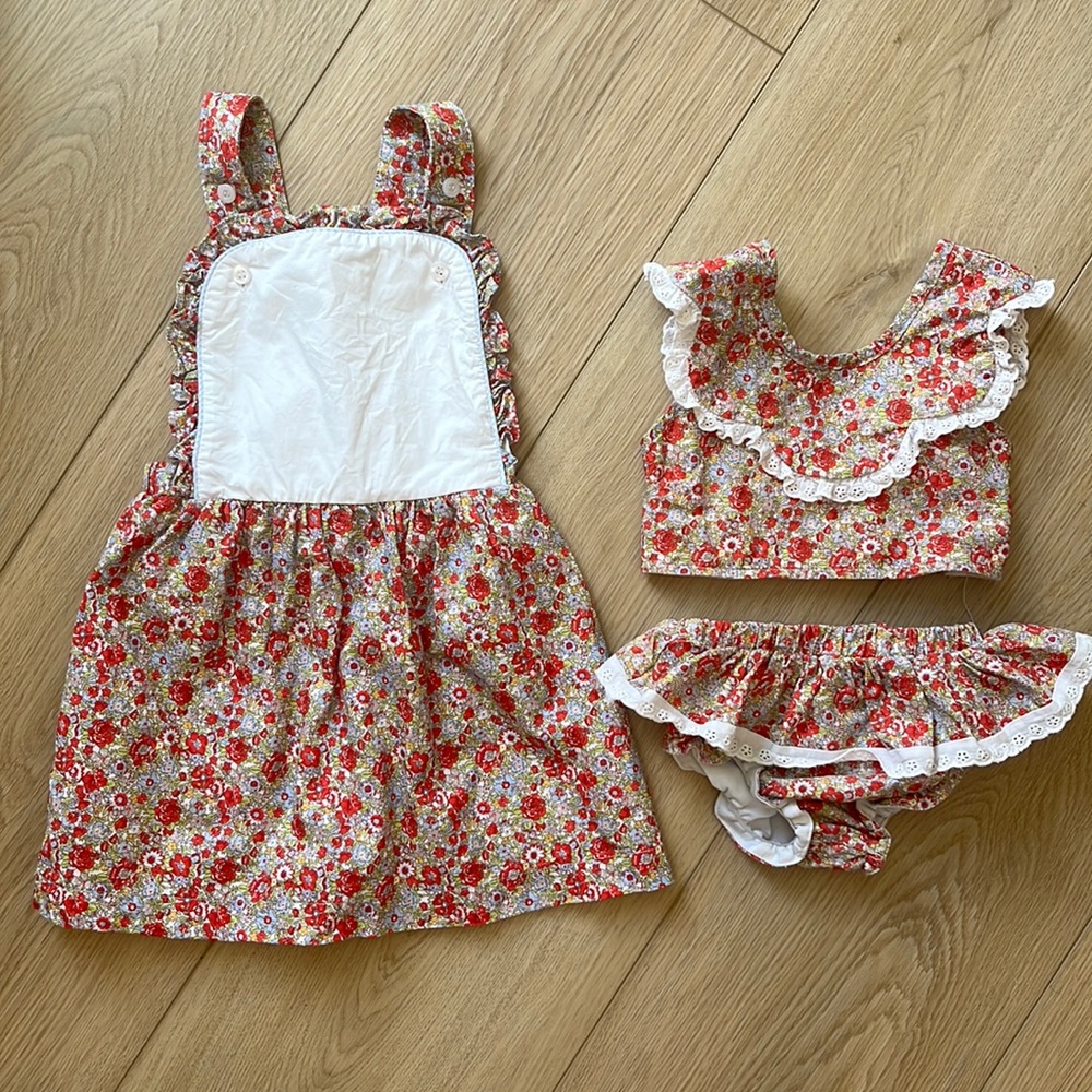 Smocked Threads by Cecil & Lou floral ruffle lace bikini swimsuit + apron dress